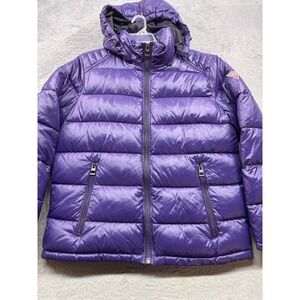 Guess Womens Purple Puffer Jacket Hooded Quilted Metallic Zip Up Coat Large